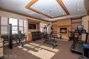 Workout area with carpet flooring, a raised ceiling, and ornamental molding