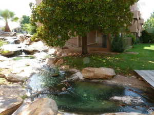 View of main condo patio from west side of stream