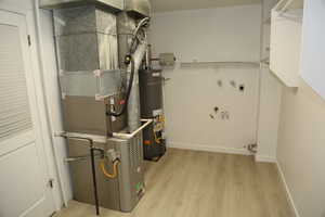 Utility room showing water heater, furnace and washer and dryer hookups