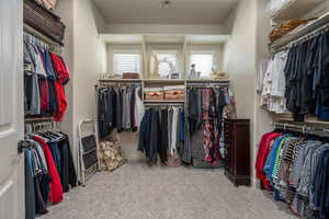 Walk in closet with carpet floors