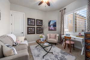 Living room featuring carpet and ceiling fan