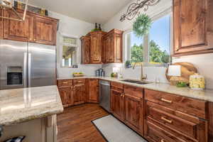 Kitchen with dark hardwood / wood-style floors, dishwasher, plenty of natural light, and refrigerator