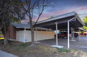 Parking at dusk featuring a carport