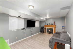 Living room featuring a fireplace, light wood-type flooring