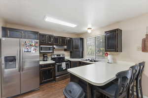 Kitchen featuring a kitchen bar, stainless steel appliances, sink, kitchen peninsula, and dark wood-type flooring