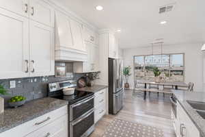 Kitchen with decorative light fixtures, white cabinetry, tasteful backsplash, stainless steel appliances, and light hardwood / wood-style floors