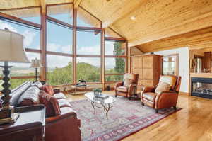 Living room featuring light hardwood / wood-style flooring, high vaulted ceiling, a multi sided fireplace, and wood ceiling