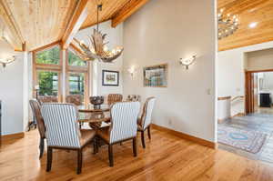 Dining space with light hardwood / wood-style flooring, wooden ceiling, and a chandelier