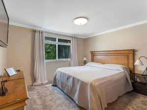 Bedroom with crown molding and light colored carpet