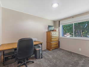 Office with ornamental molding and dark colored carpet