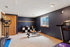 Exercise area featuring a textured ceiling and carpet flooring