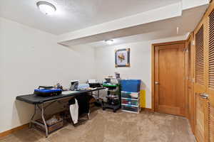 Carpeted office space with a textured ceiling