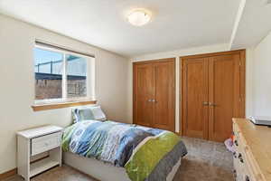 Carpeted bedroom with two closets