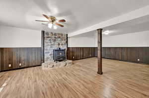 Unfurnished living room with a wood stove, light hardwood / wood-style floors, and ceiling fan