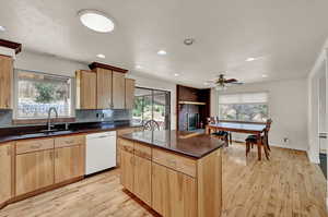 Kitchen featuring a fireplace, sink, white dishwasher, light hardwood / wood-style flooring, and backsplash