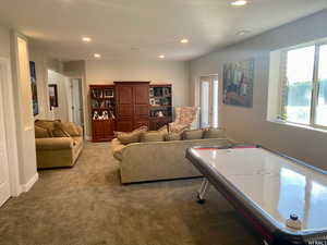 Recreation room with carpet floors