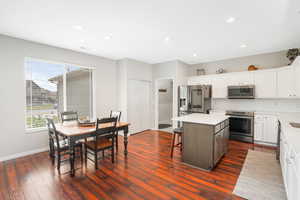 Kitchen with tasteful backsplash, white cabinets, dark wood-type flooring, a kitchen island, and stainless steel appliances