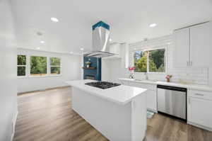 Kitchen featuring island exhaust hood, dishwasher, a wealth of natural light, and light wood-type flooring