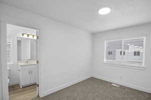 Unfurnished bedroom featuring sink, ensuite bathroom, and light colored carpet