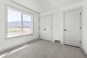 Unfurnished bedroom featuring a mountain view and light colored carpet