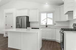 Kitchen featuring lofted ceiling, sink, stainless steel appliances, and white cabinets