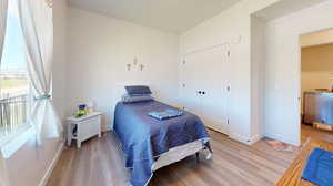 Bedroom featuring washer / clothes dryer, a closet, and light wood-type flooring