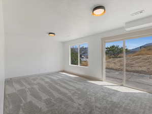 Livingroom with carpet flooring and exit to back yard