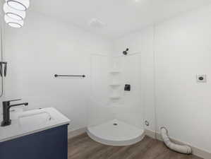 Bathroom featuring vanity, wood-type flooring, shower and laundry hookups