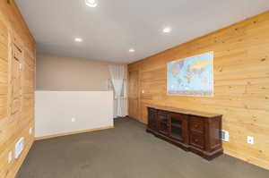 Interior space with wood walls and carpet floors