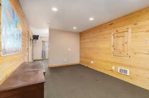 Unfurnished room with plenty of natural light, carpet, and wooden walls