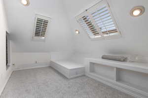 Bonus room featuring vaulted ceiling and light colored carpet