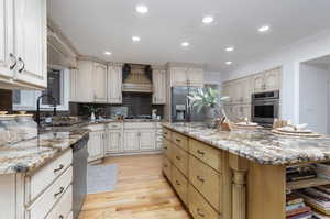 Kitchen featuring stainless steel appliances, sink, premium range hood, decorative backsplash, and a center island