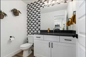 Bathroom with vanity, toilet, and hardwood / wood-style flooring