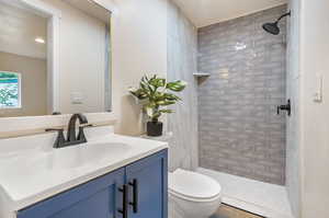 Bathroom with toilet, vanity, and a tile shower