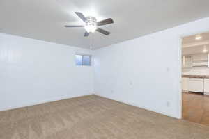 Carpeted spare room with ceiling fan