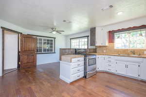 Kitchen featuring sink, stainless steel range with electric stovetop, dark hardwood / wood-style flooring, and white cabinets