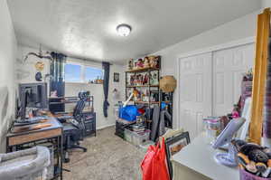 Carpeted home office featuring a textured ceiling