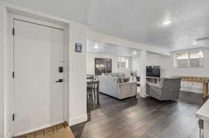 Basement Living room featuring, plenty of natural light, and dark wood flooring