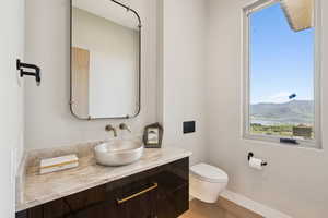 Bathroom featuring plenty of natural light, vanity, wood finished floors, and a mountain view