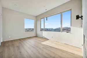 Empty room with a mountain view and light hardwood / wood-style floors