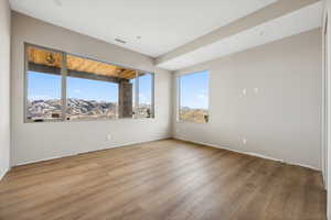 Unfurnished room with a mountain view and light hardwood / wood-style flooring