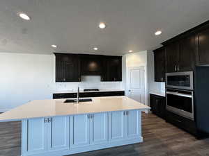 Kitchen with appliances with stainless steel finishes, sink, decorative backsplash, hardwood / wood-style flooring, and custom range hood