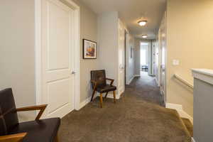 Sitting room featuring dark colored carpet