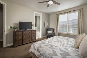 Carpeted bedroom with ensuite bath and ceiling fan