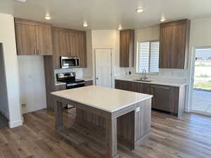 Kitchen with a center island, sink, hardwood / wood-style flooring, and stainless steel appliances