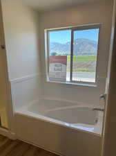 Bathroom featuring hardwood / wood-style flooring, a mountain view, a healthy amount of sunlight, and a tub to relax in