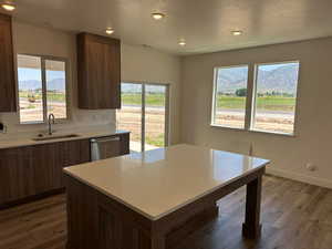 Kitchen featuring plenty of natural light, a mountain view, sink, and stainless steel dishwasher