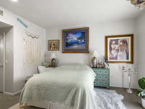 Bedroom with dark colored carpet