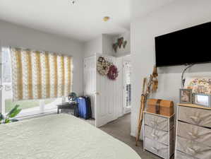 Bedroom with multiple windows and carpet floors