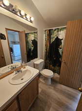 Bathroom featuring lofted ceiling, toilet, vanity, washer / dryer, and wood-type flooring